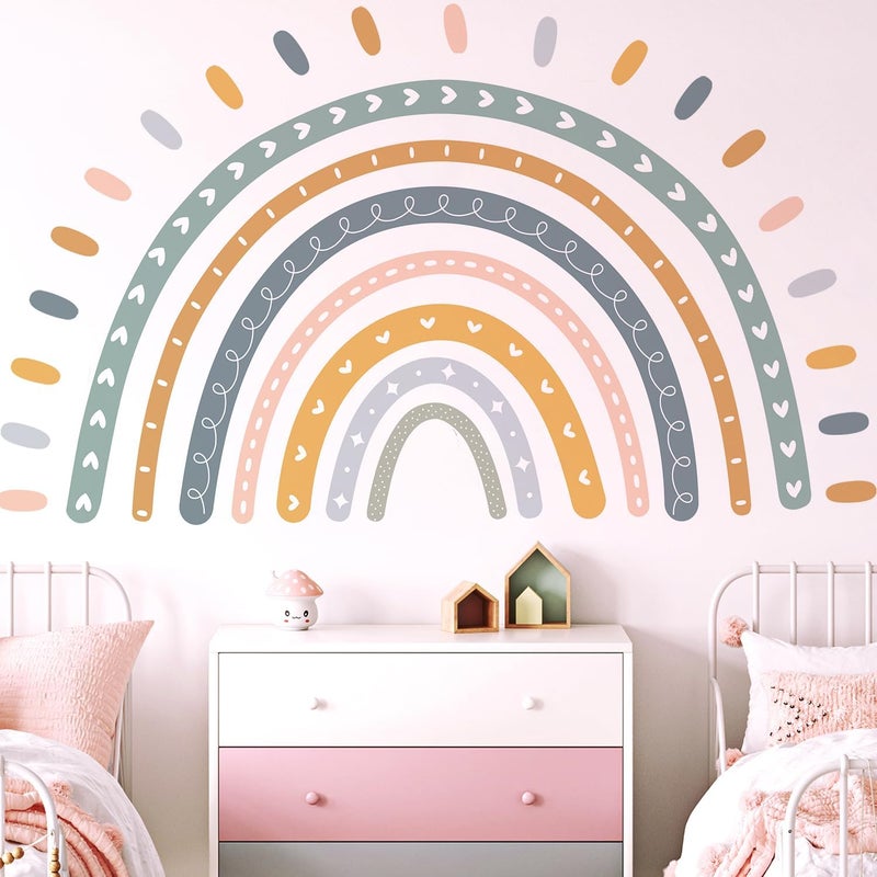 Kingarch Large Cute Rainbow Wall Decals, Boho Sun Peel and Stick Fabric Nursery Wall Decor, Removable Home Room Wall Decor Murals Stickers for Kids Girls Toddler Bedroom Living Room Playroom - Image 1